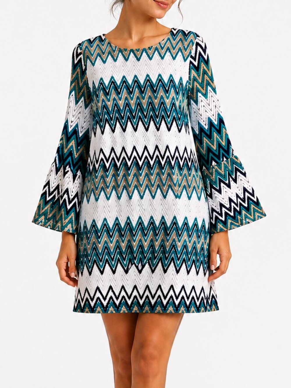 Tacera Dress Womens 2X White Teal Chevron Boho Flare Sleeve Lined Retro Style